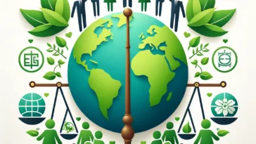 ESG investing, incorporating symbols of the environment like a green earth, social responsibility with diverse human figures holding hands, and governance with a balance scale, all harmonized into a single, cohesive design