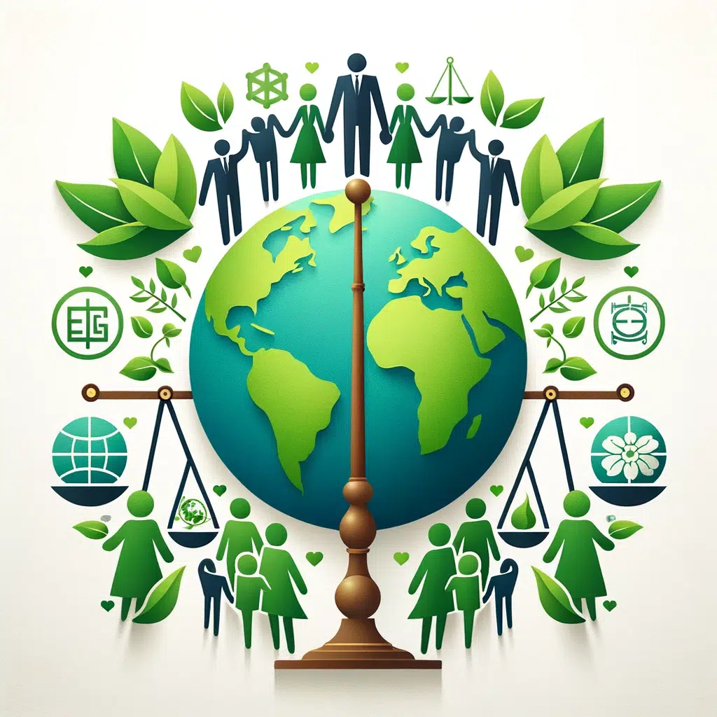 ESG investing, incorporating symbols of the environment like a green earth, social responsibility with diverse human figures holding hands, and governance with a balance scale, all harmonized into a single, cohesive design
